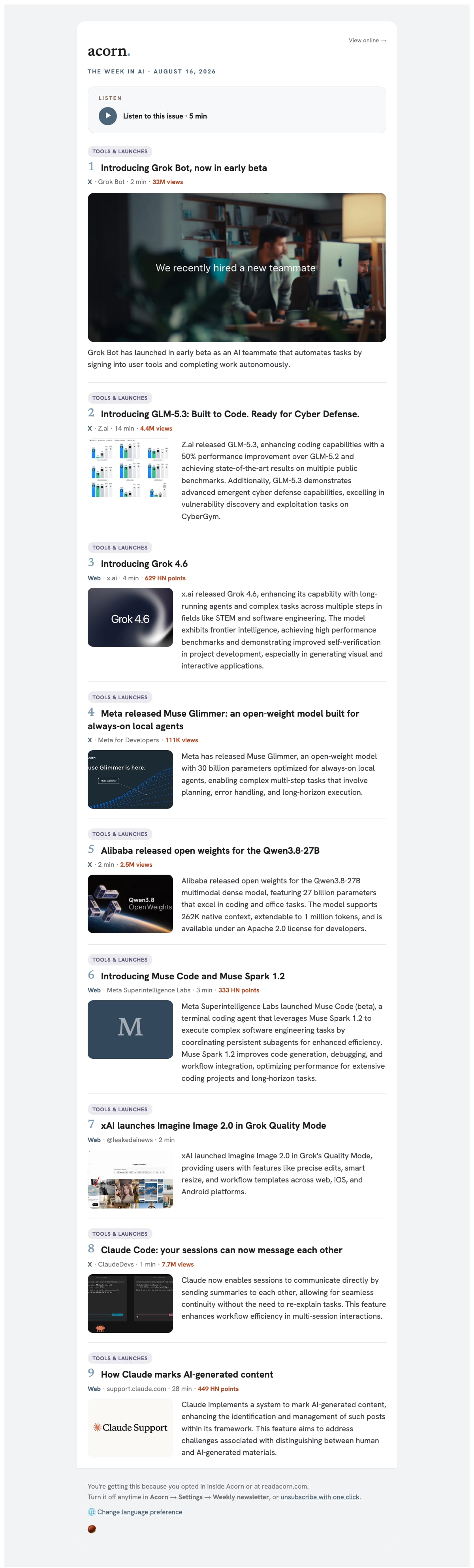 The Acorn weekly AI newsletter scrolling on a laptop screen.